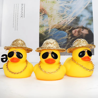 Straw Hat Yellow Duck cartoon car dashboard ornament with removable sunglasses necklace