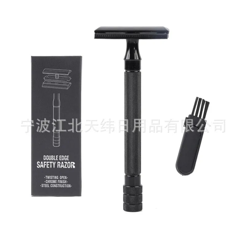 Traditional manual pogonotomy metal scraper and brush set in black or silver colour