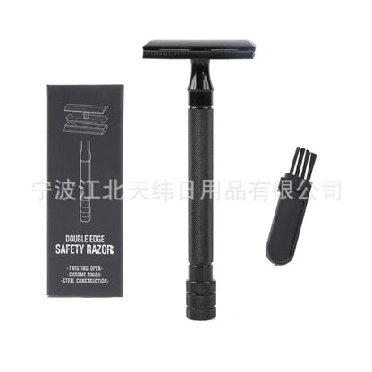 Traditional manual pogonotomy metal scraper and brush set in black or silver colour