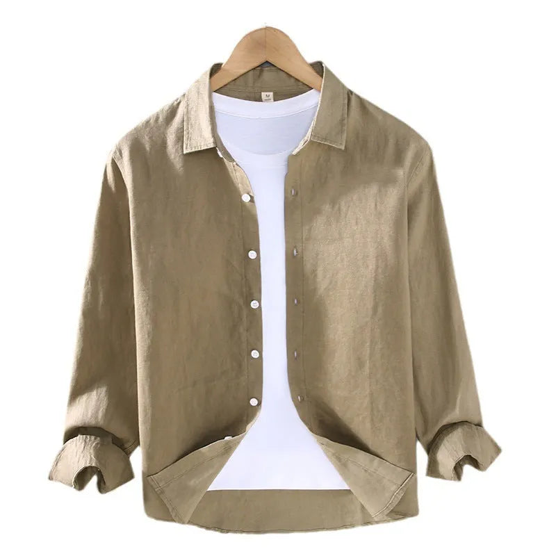 Men's pure linen long sleeve cardigan style shirt in solid colour
