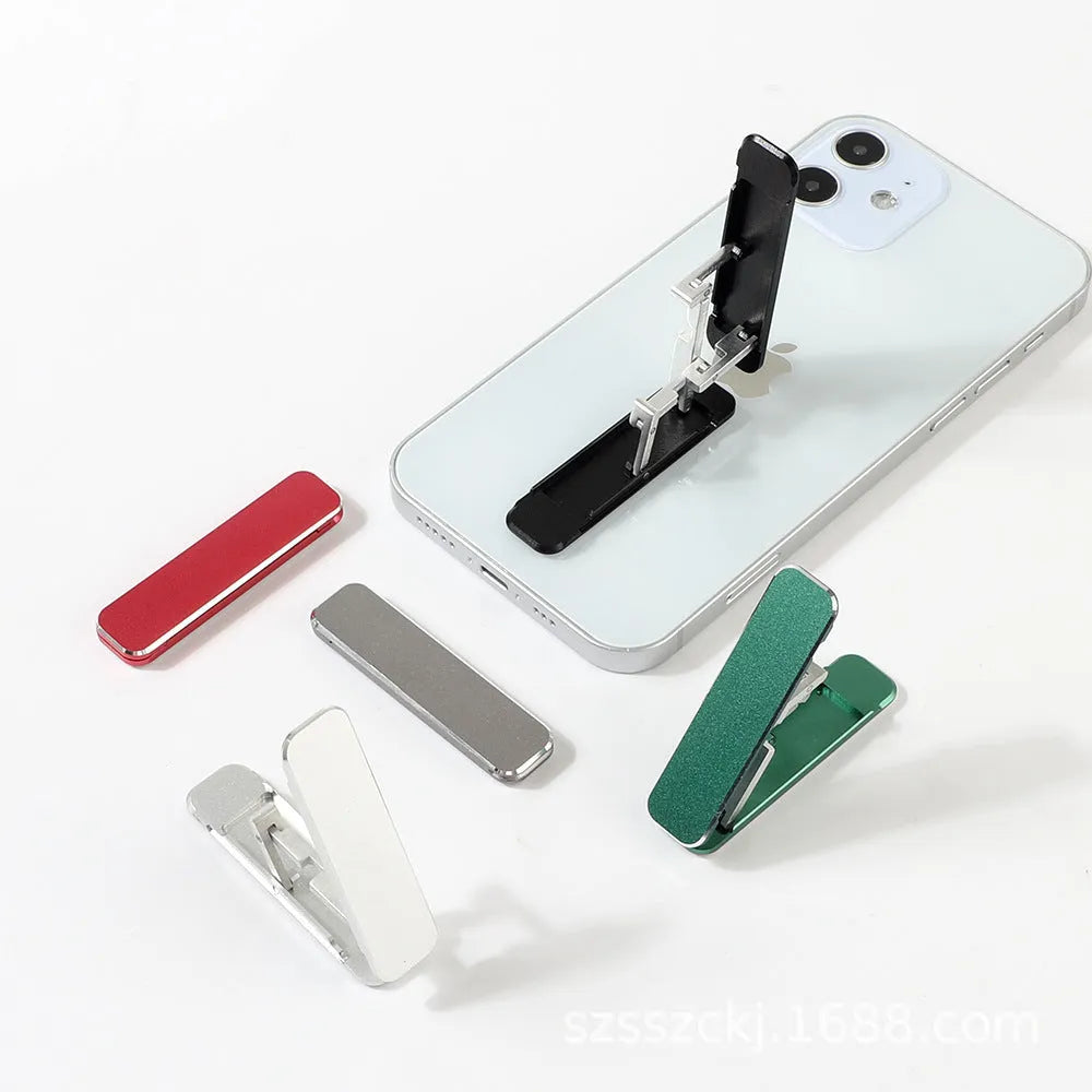 Aluminium folding mobile phone holder with backstick adhesive shown in black colour at 4mm thickness