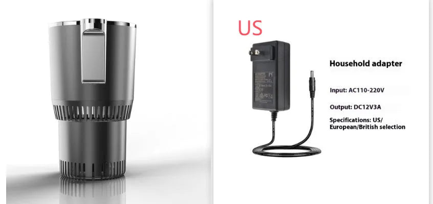 Black 12V car heating and cooling cup with digital display in a vehicle cup holder.
