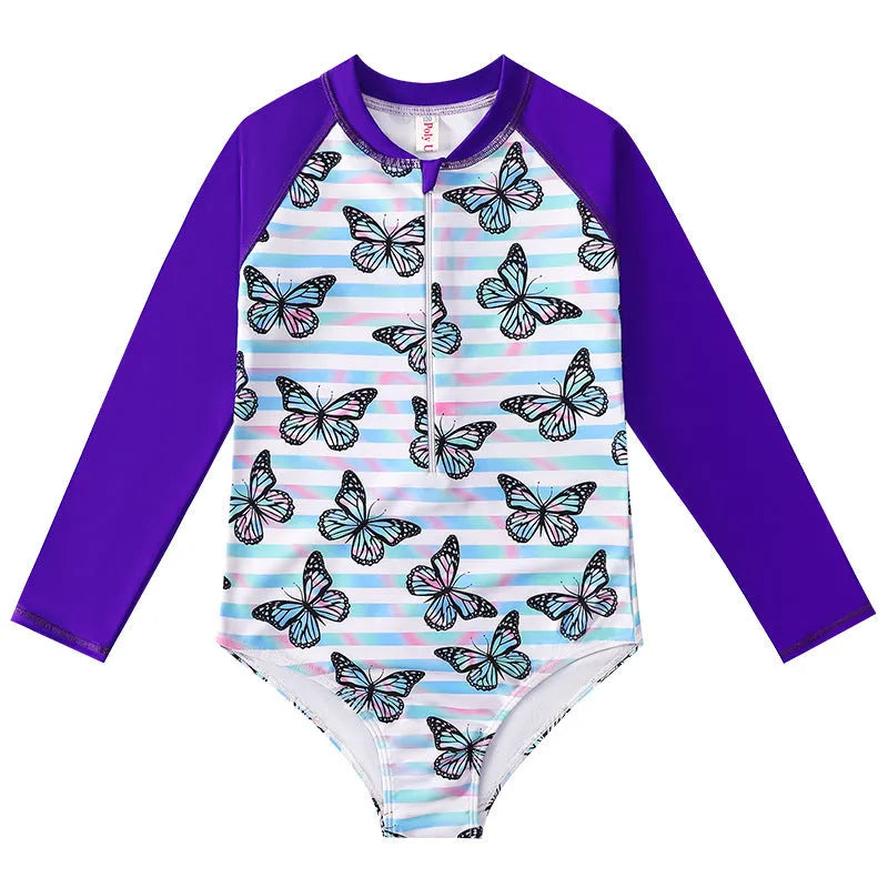 Girl's long-sleeve one-piece swimsuit in briefs style for swimming and wading
