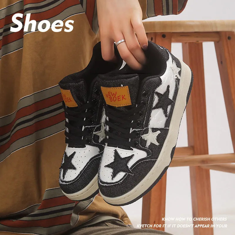 Adult skateboard shoes with denim upper and round toe design in black, green, pink colours