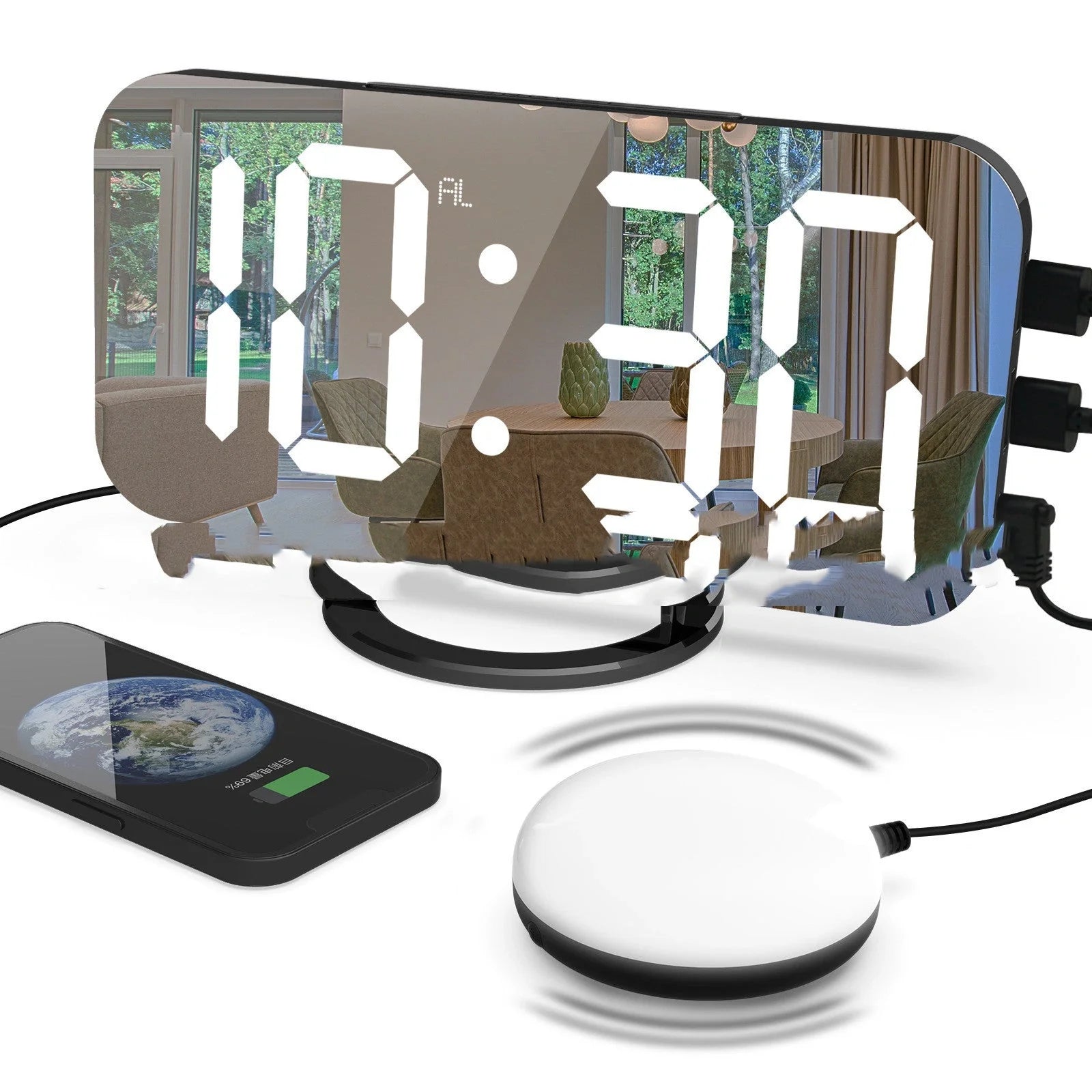 Digital Mirror Clock with adjustable LED display and dual USB ports