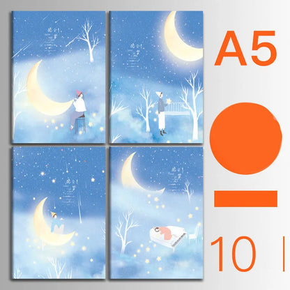 Pack of ten A5 kraft paper thread-bound notebooks with artistic cover designs lying flat.