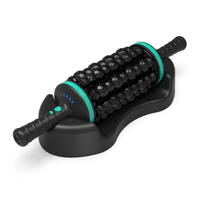 Handheld electric muscle massager in blue, grey or green colour with rolling head and multi-gear control.