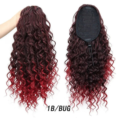 Small curly wave drawstring ponytail wig in gradient brown shades on display