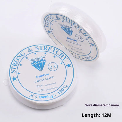 Transparent white elastic cord on spool for DIY jewellery making with diameter options from 0.4mm to 1.0mm