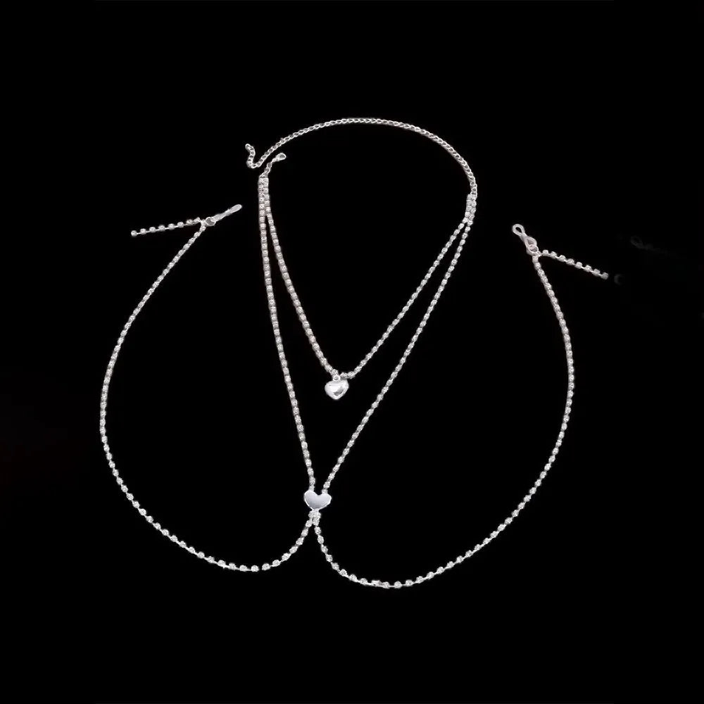 Gold or silver electroplated heart-shaped body chain with rhinestone and stone decoration for women