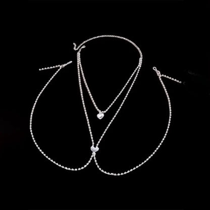Gold or silver electroplated heart-shaped body chain with rhinestone and stone decoration for women