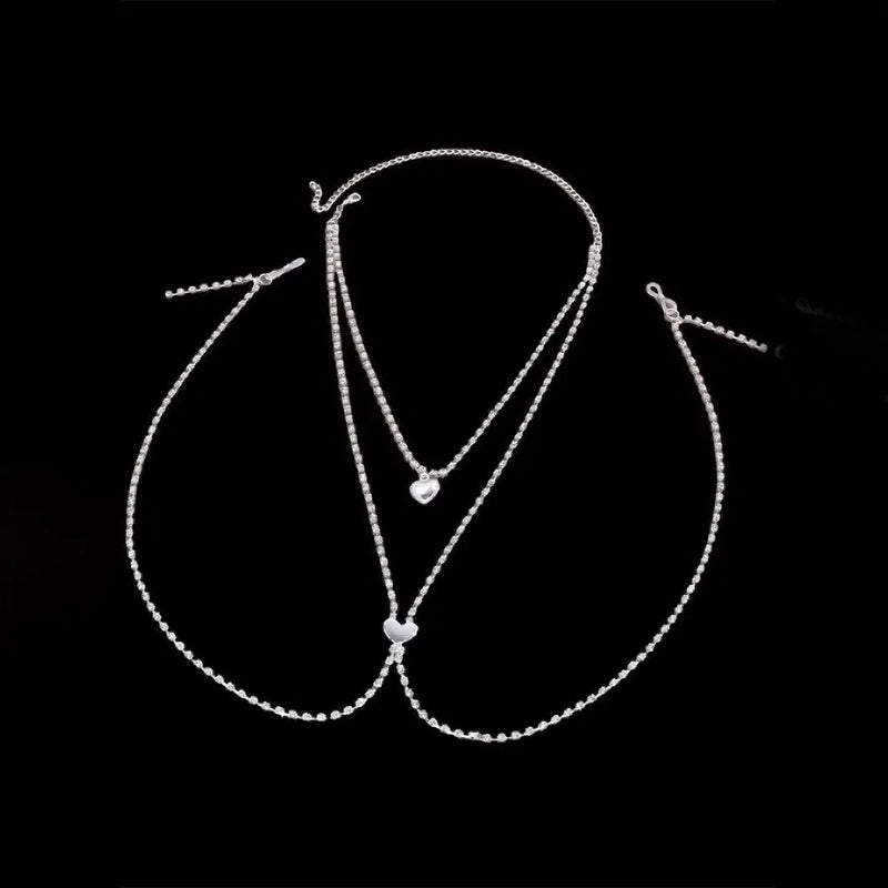 Women's rhinestone body chain jewellery accessory with heart shape design featuring electroplated alloy inlay and artificial gemstone or semi-precious stone decoration in choice of gold or silver colour finish