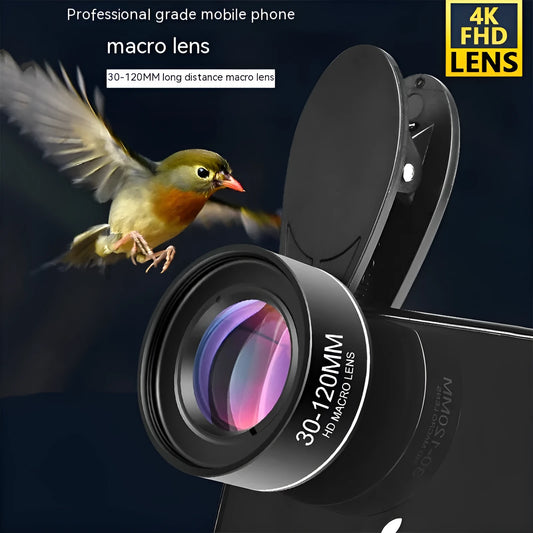 30-120mm HD macro lens for mobile phone rear camera with universal clip, optical glass, aluminium alloy and ABS