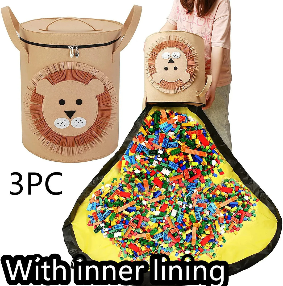 Green felt storage bag unfolded into a large square play mat on a wooden living room floor, with a pull rope visible.