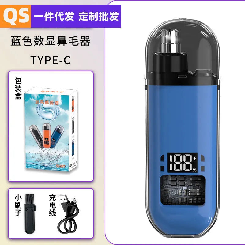 Rechargeable nose hair trimmer with digital display, cleaning brush, and USB charger