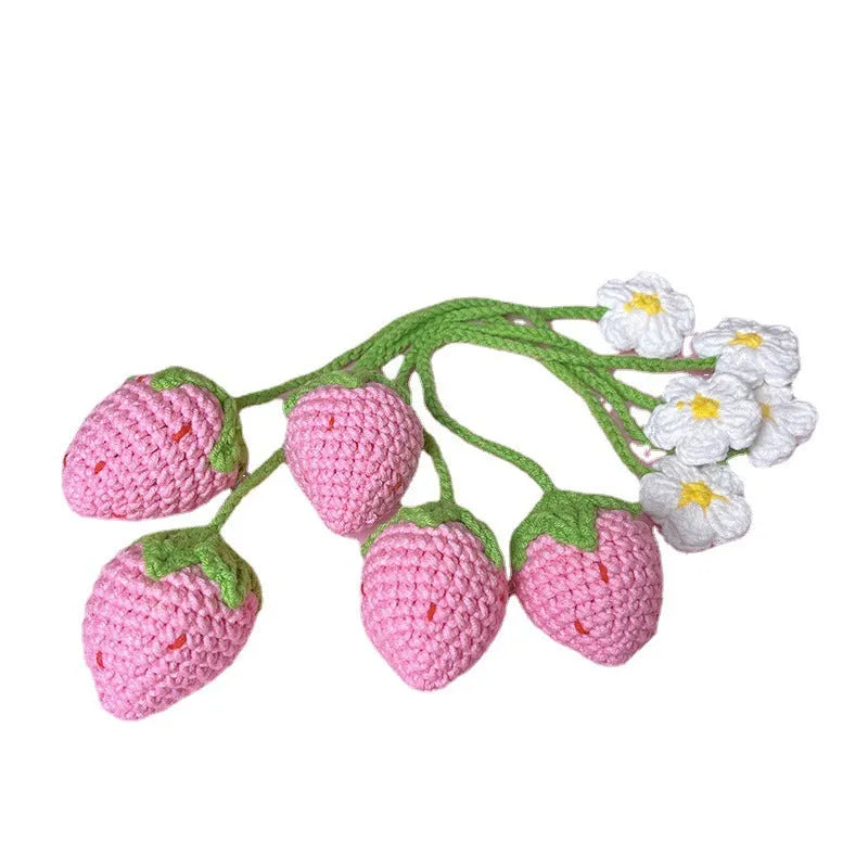 Handmade knitted wool crochet strawberry pendant necklace on a 35cm cord.