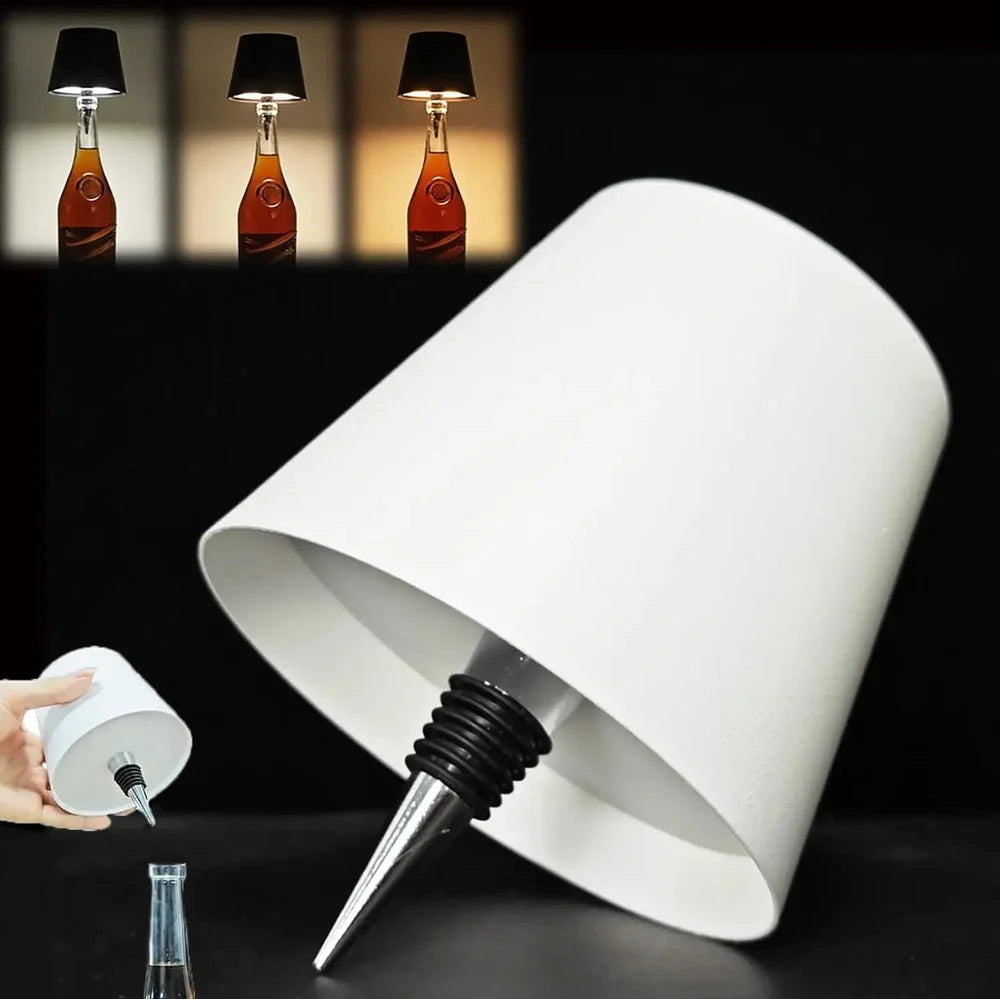 Wireless LED desk lamp in black tricolour finish, bottle-shaped with detachable base and touch control for 2000mAh powered lighting
