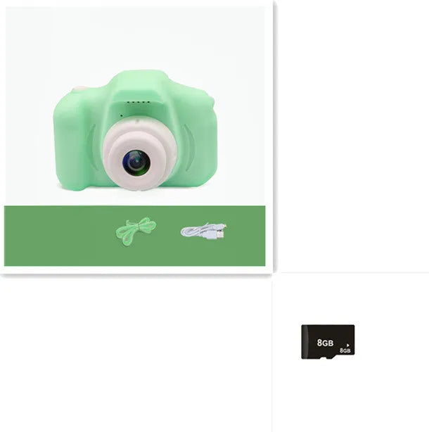 X2 HD mini digital camera for kids in silicone case with lanyard, shown capturing photo on 2-inch screen.