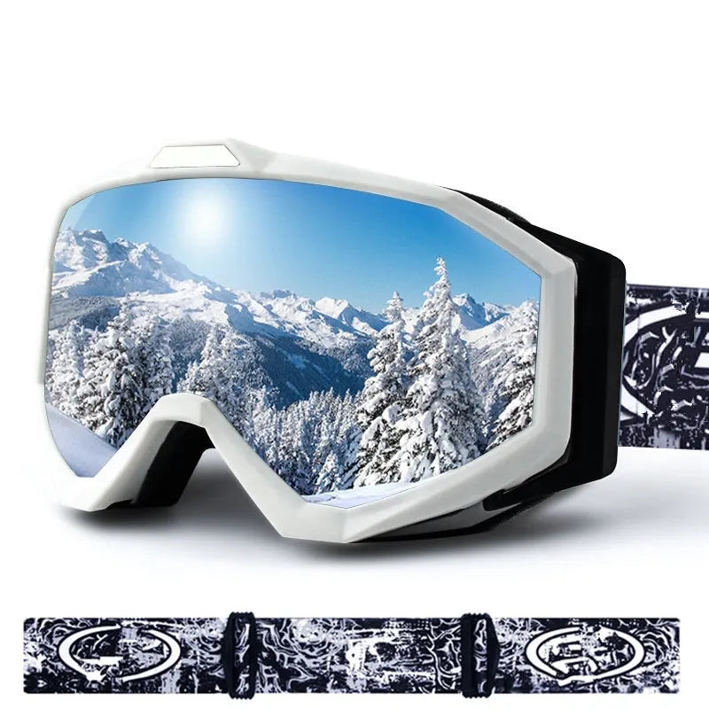 Motorcycle goggles with double-layer anti-fog lens and black TPU frame on a storage cloth bag.