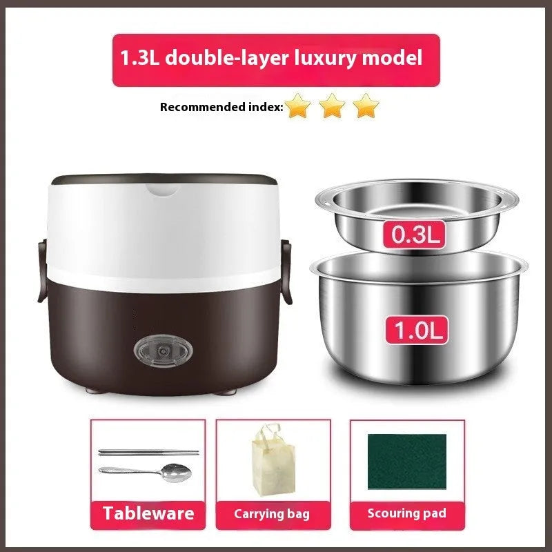 Portable Plug-in Insulated Lunch Box with Stainless Steel Inner Liner, 100V-240V Electric Heating Lunch Box for Office and Travel, Available in Double, Triple and Four Layer Coffee or Pink Configurations