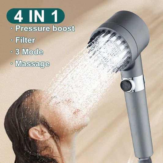Premium multi-function shower head with rainfall and massage modes, made of durable ABS material and featuring a built-in water filter.