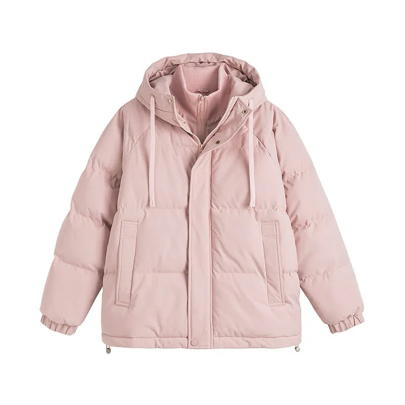 Loose winter cotton-padded coat in mustard yellow with side pockets and cardigan style