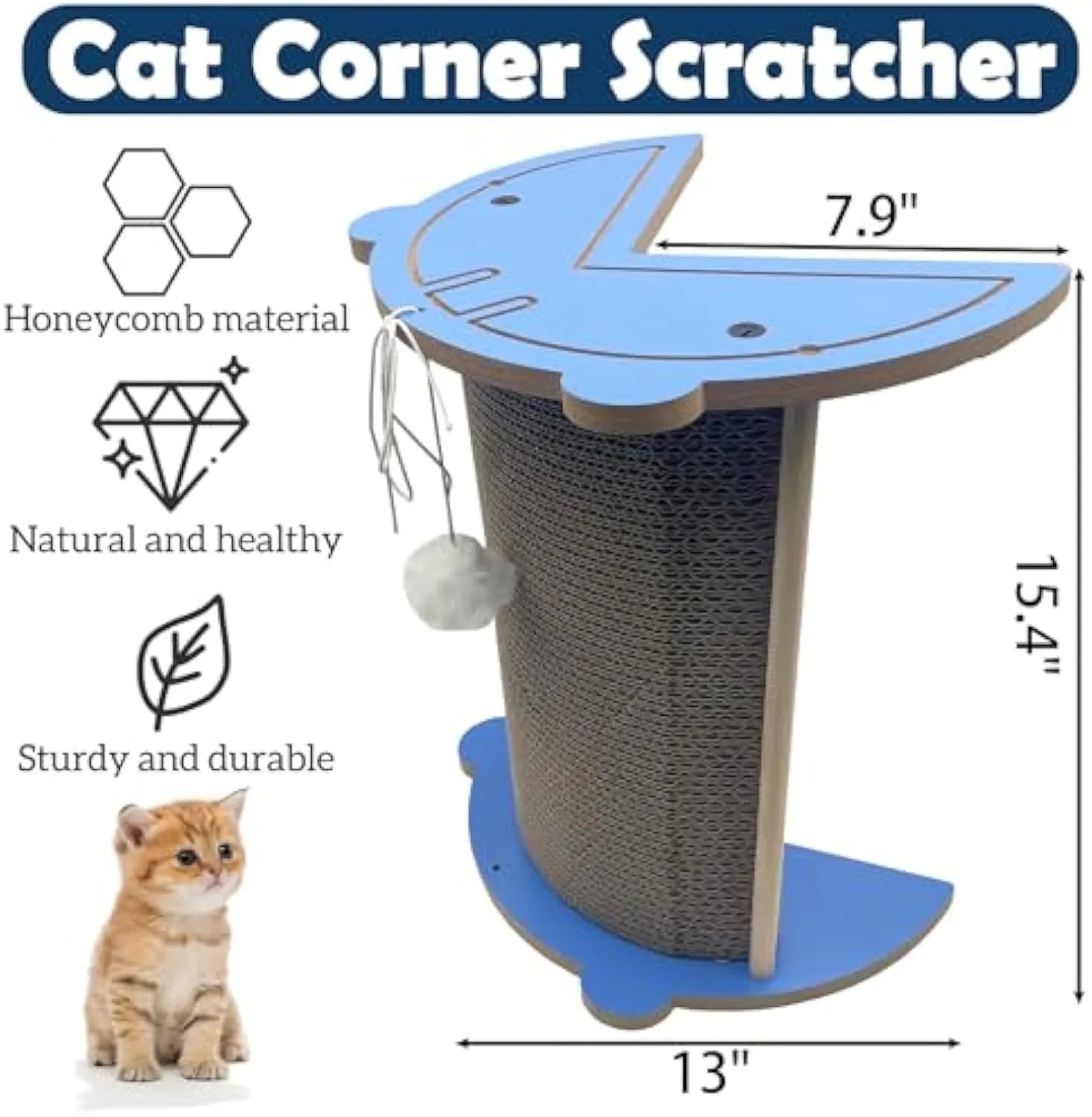 Grey corner cat scratcher with replaceable cardboard board and hanging red ball