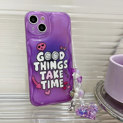 Purple graffiti love design iPhone 14 case with wrist chain attachment point and TPU bumper protection