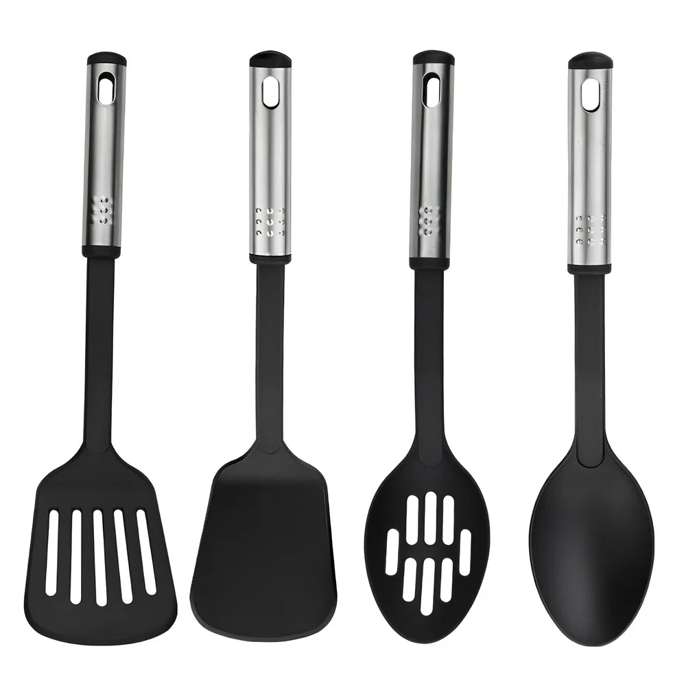 25-piece kitchen utensil set with hanging holes, silicone heads and stainless steel handles organised vertically