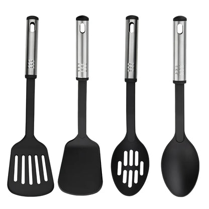 25-piece kitchen utensil set with hanging holes, silicone heads and stainless steel handles organised vertically