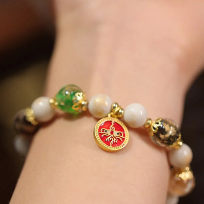 Handmade fragrant gray porcelain bracelet with five Gods of Wealth design in coloured glaze glass