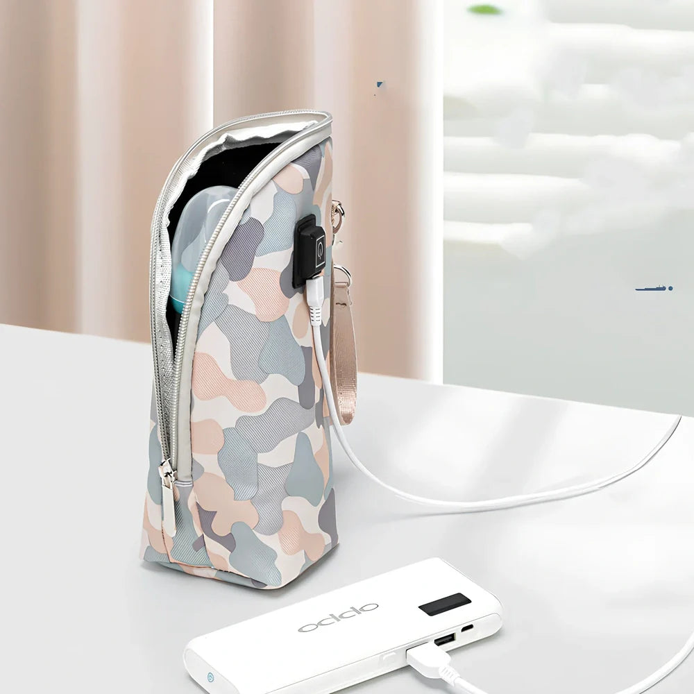 Portable milk bottle warmer with adjustable 55mm-75mm sleeve and temperature control