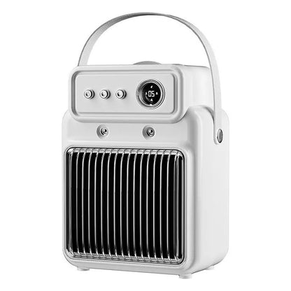White 1200W room heater with humidifier measuring 19cm by 25cm, showing control panel with temperature and mist settings