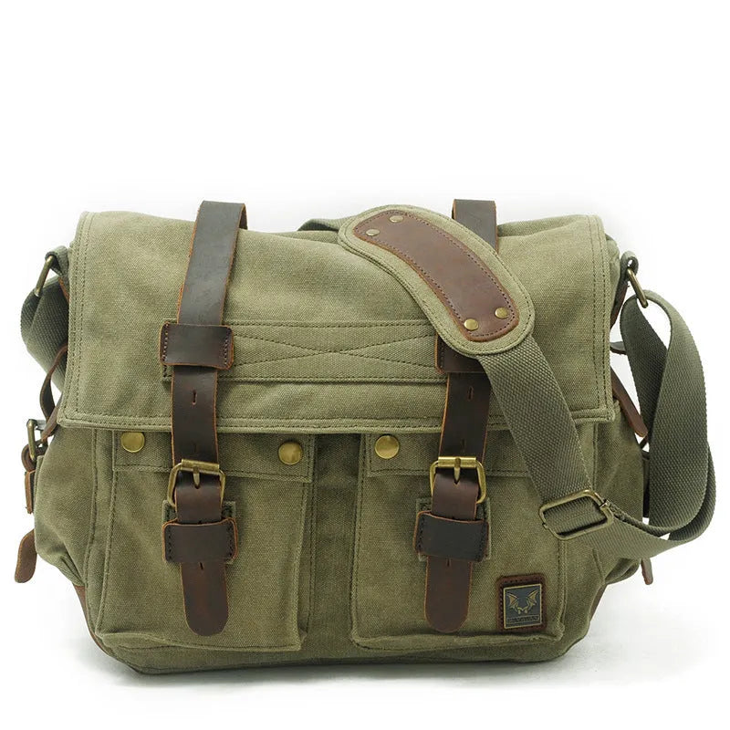 Men's canvas crossbody shoulder bag with cowhide accents and flap closure in retro postman style