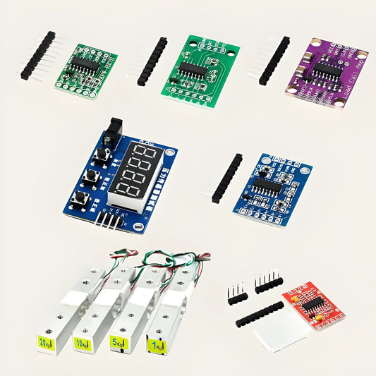 24-bit precision pressure sensor weighing module with IIC interface, shown in blue, green, purple or red board variants