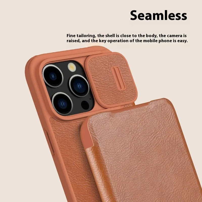 Imitation leather flip phone case for iPhone, shown in black, brown, and red colours.
