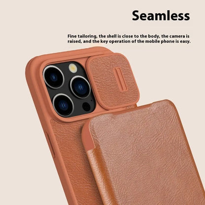 Imitation leather flip phone case for iPhone, shown in black, brown, and red colours.