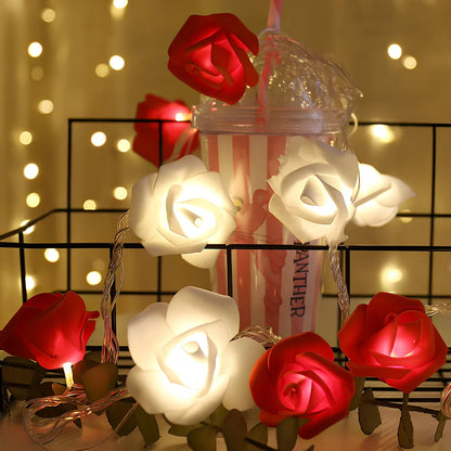 LED rose light string with 20 white and pink flowers on 3-metre wire for romantic decoration