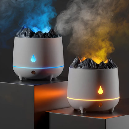 Volcano-shaped white ultrasonic humidifier with mist output on wooden surface