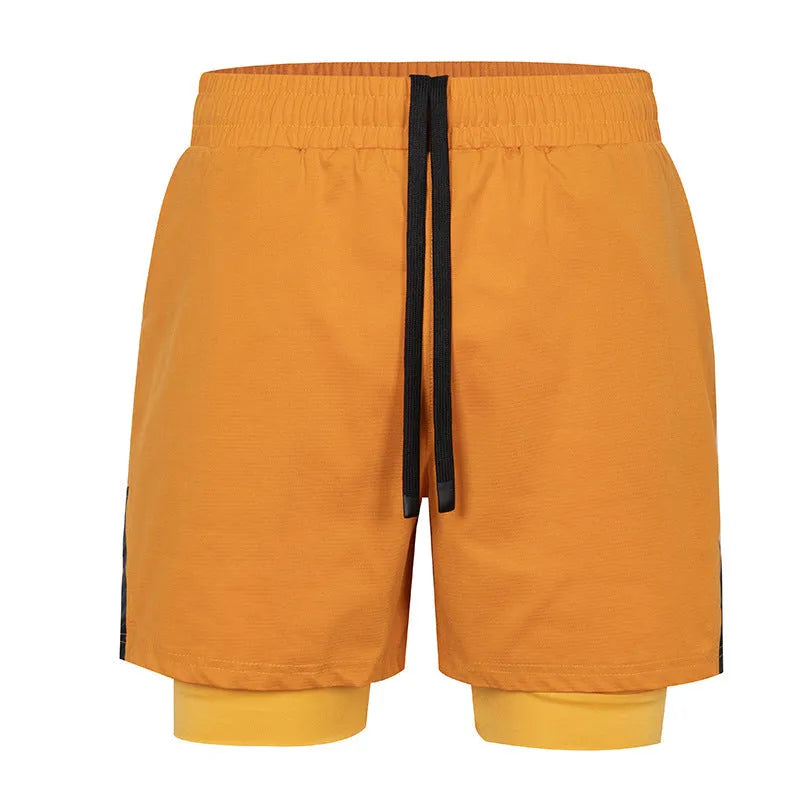 Men's small plaid quick-dry sports shorts in polyester, shown in multiple colours including army green and fluorescent yellow.