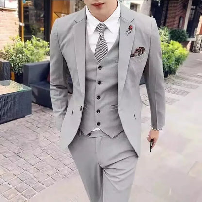 Men's Korean-style slim fit three-piece business suit in chemical fibre blend with tie