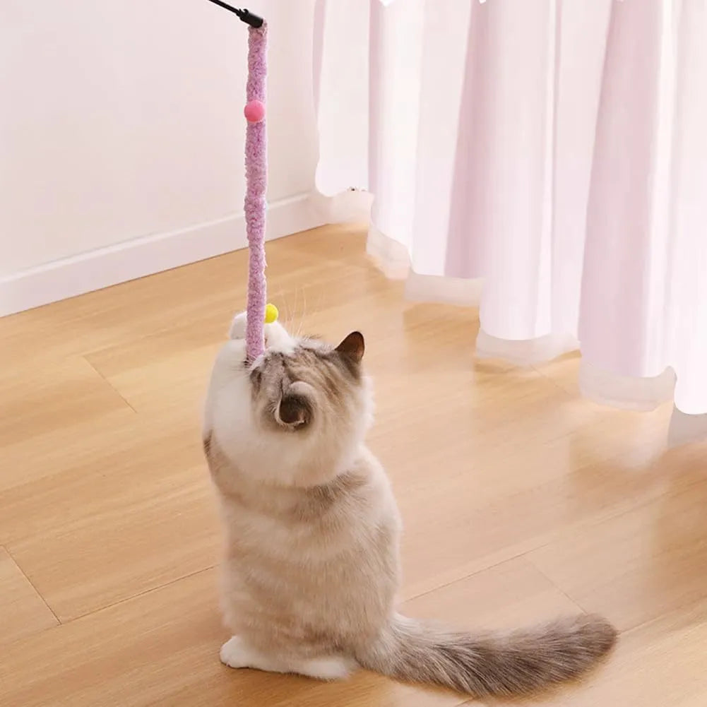 Interactive cat wand toy with plush strip, fluffy ball, and bells on a 41cm pole.