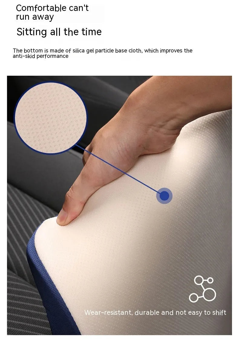 Black car seat cushion with thick butt support measuring approximately 42 x 39 x 6 cm