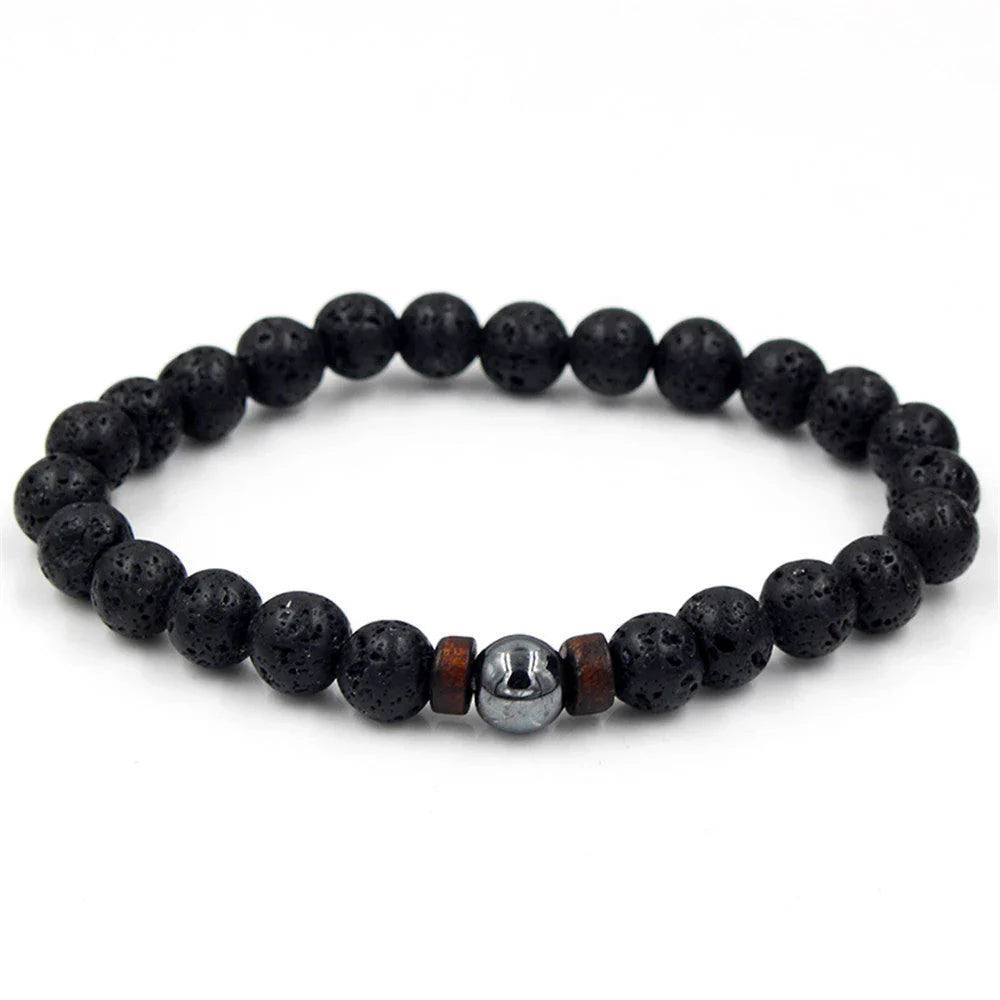 A stylish and durable men's bracelet made with volcanic stone, flash stone, and wood chips