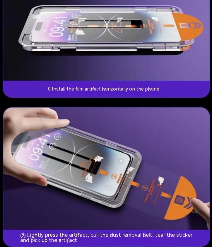 Dust-free warehouse tempered glass screen protector for iPhone showing frosted finish and second sticker box.