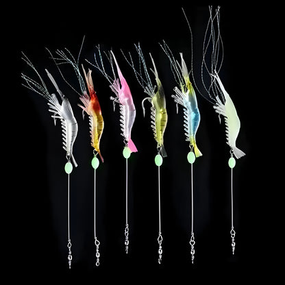 Six soft plastic fishing lures with hooks in various colours including luminous patterns
