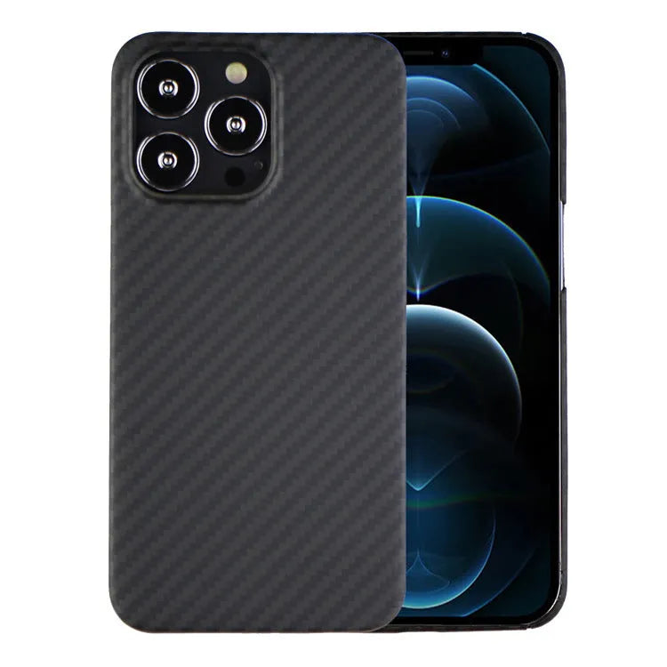 Kevlar fibre mobile phone case for iPhone models 11 through 14 Pro Max with MagSafe magnetic compatibility in matt black volcano crater and matt black fine hole styles featuring protective back cover design