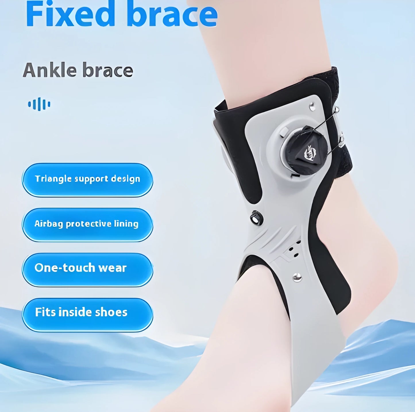 Grey and black ankle support brace with airbag button fixation system shown in multiple sizes