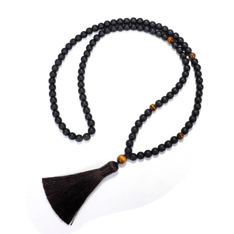 Tiger eye stone yoga necklace and matching bracelet set with tassel pendant