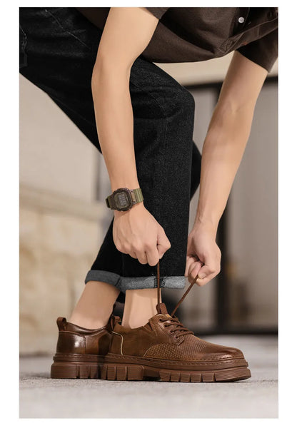 Men's black genuine leather platform shoes with lace-up closure and rubber sole